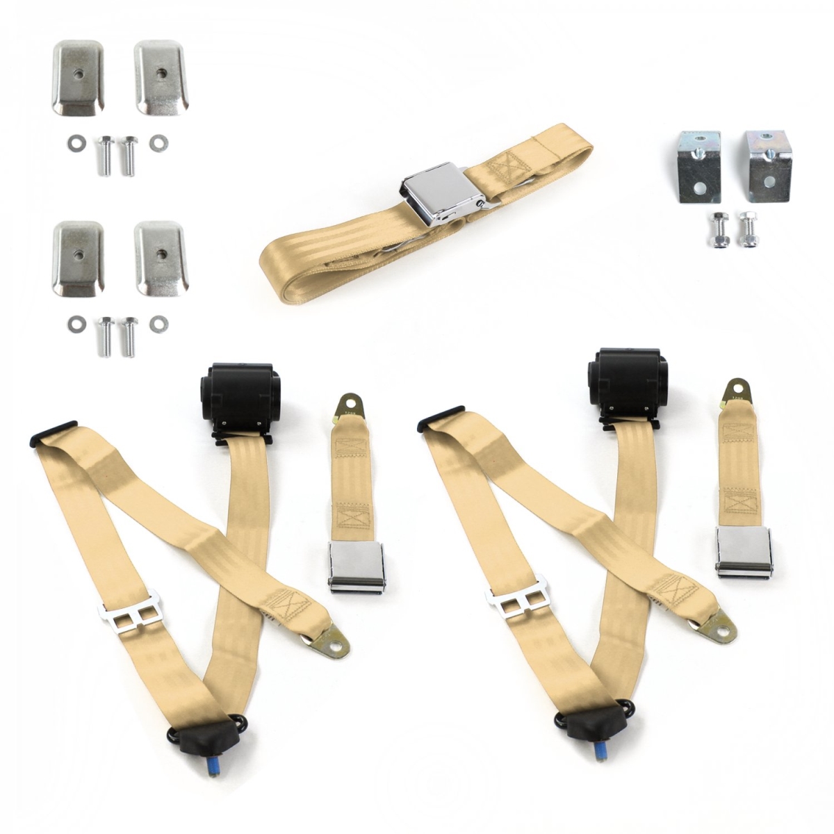 Airplane 3 Point Tan Retractable Bench Seat Belt Kit with Bracketry for Chevy FS Blazer 1969-1972 - 3 Belts