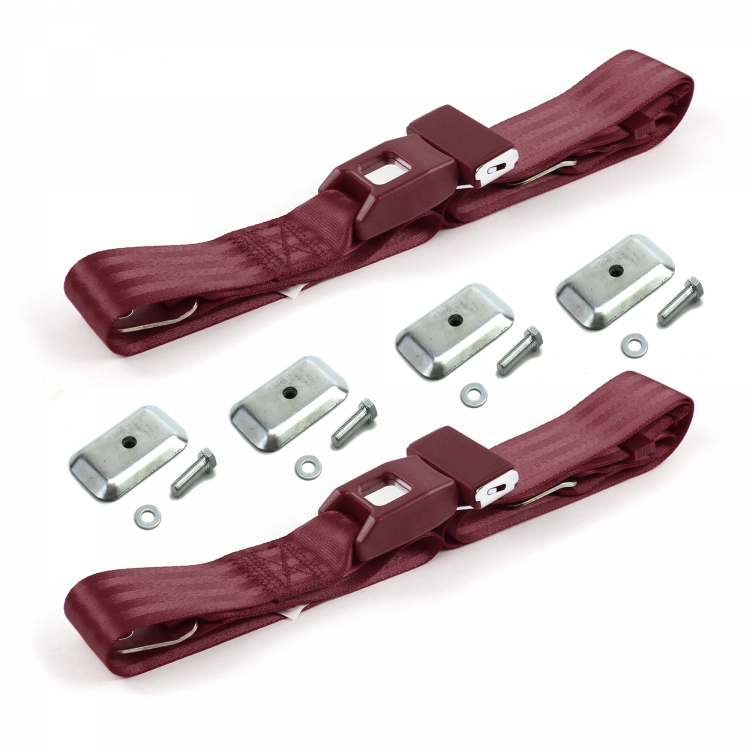Standard 2 Point Burgundy Lap Bucket Seat Belt Kit with Bracketry for Jeep Comanche 1985-1992 - 2 Belts