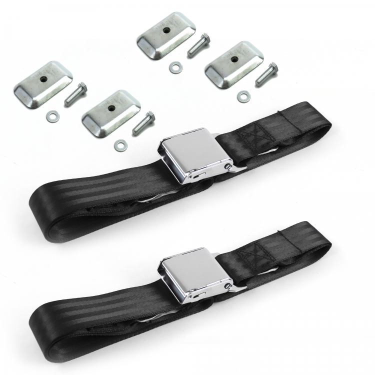 Airplane 2 Point Black Lap Bucket Seat Belt Kit with Bracketry for Ford Van 1968-1974 - 2 Belts