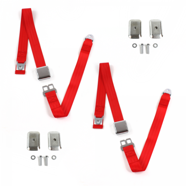 Airplane 2 Point Red Lap Bucket Seat Belt Kit with Bracketry for Chevy Nova 1975-1979 - 2 Belts