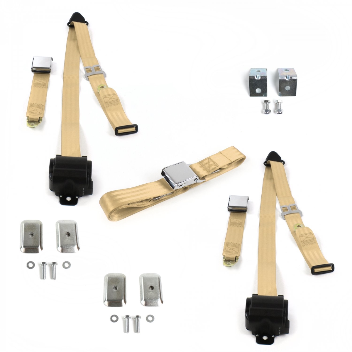 Airplane 3 Point Tan Retractable Bench Seat Belt Kit with Bracketry for VW Type 1 1968-1983 - 3 Belts