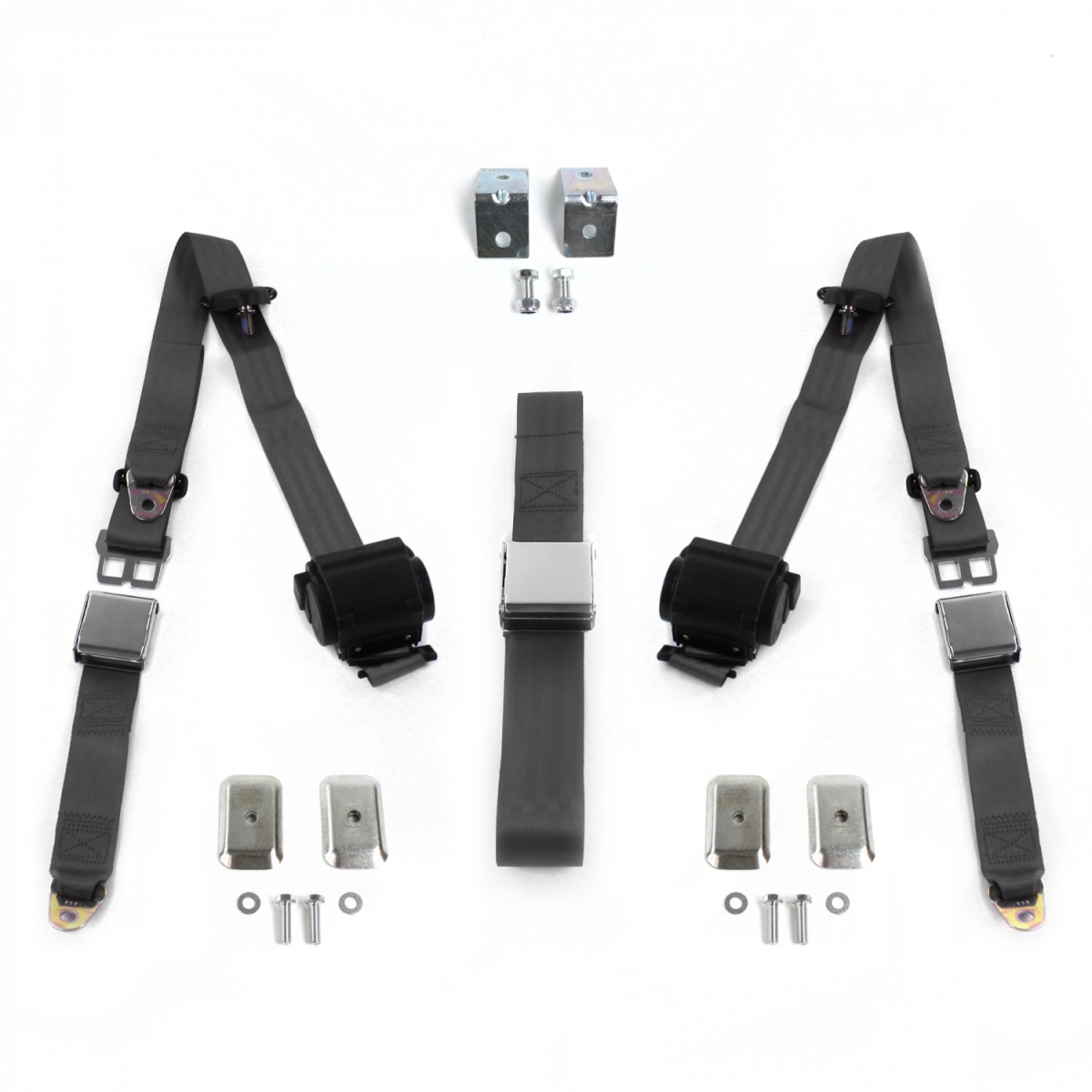Airplane 3 Point Charcoal Retractable Bench Seat Belt Kit with Bracketry for Desoto 1946-1961 - 3 Belts