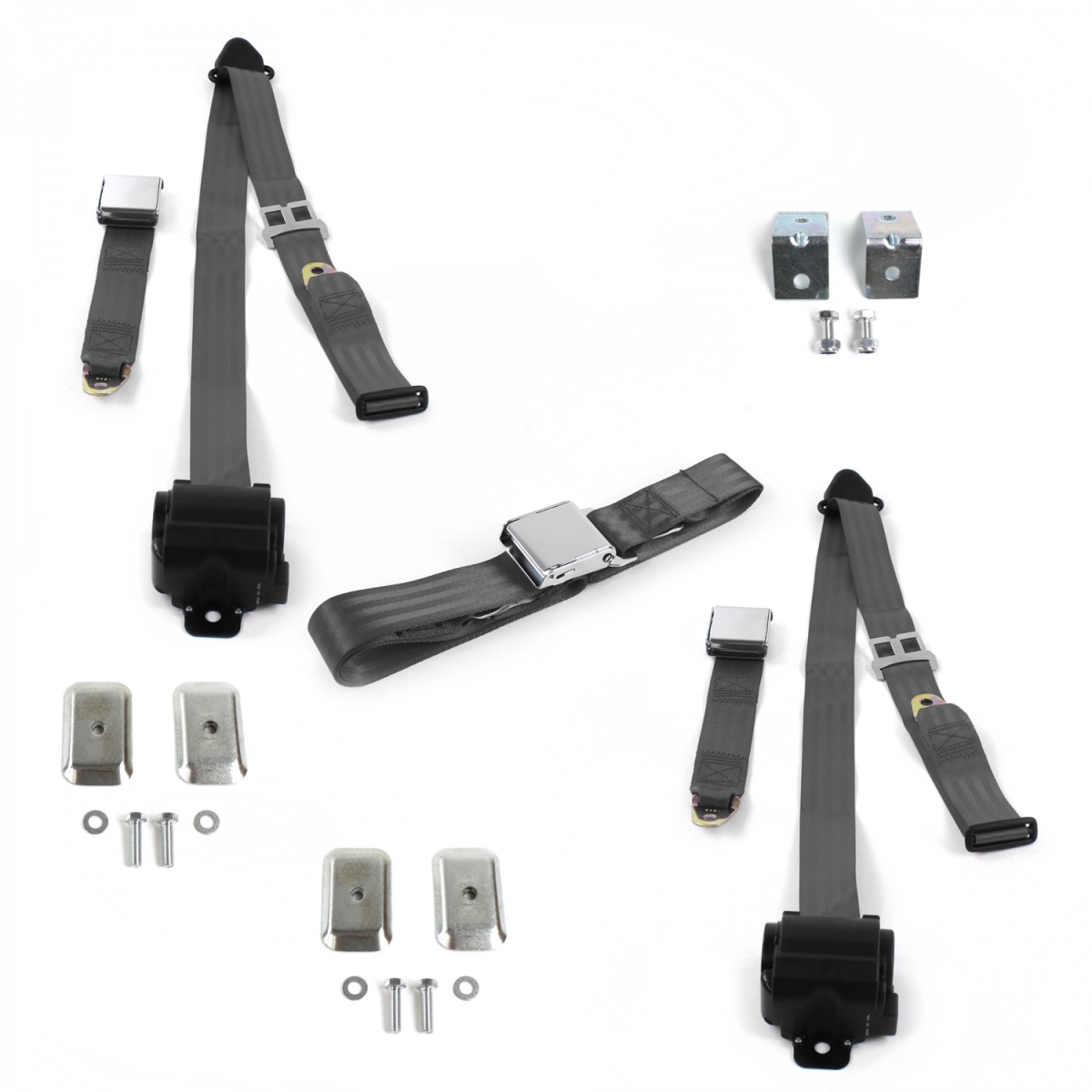 Airplane 3 Point Charcoal Retractable Bench Seat Belt Kit with Bracketry for Ford Truck 1967-1979 - 3 Belts