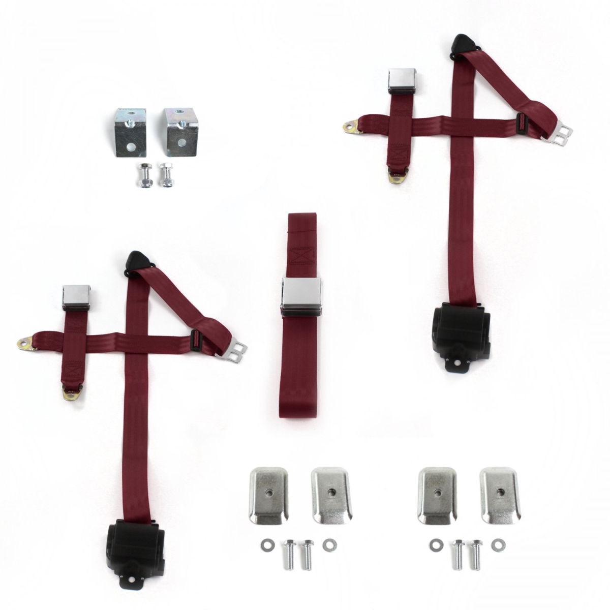 Airplane 3 Point Burgundy Retractable Bench Seat Belt Kit with Bracketry for Ford Truck 1967-1979 - 3 Belts