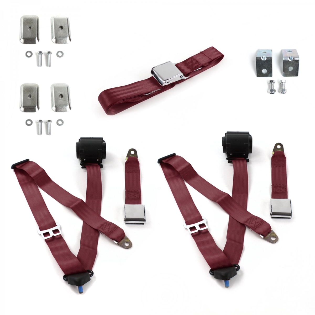 Airplane 3 Point Burgundy Retractable Bench Seat Belt Kit with Bracketry for Ford Maverick 1971-1977 - 3 Belts