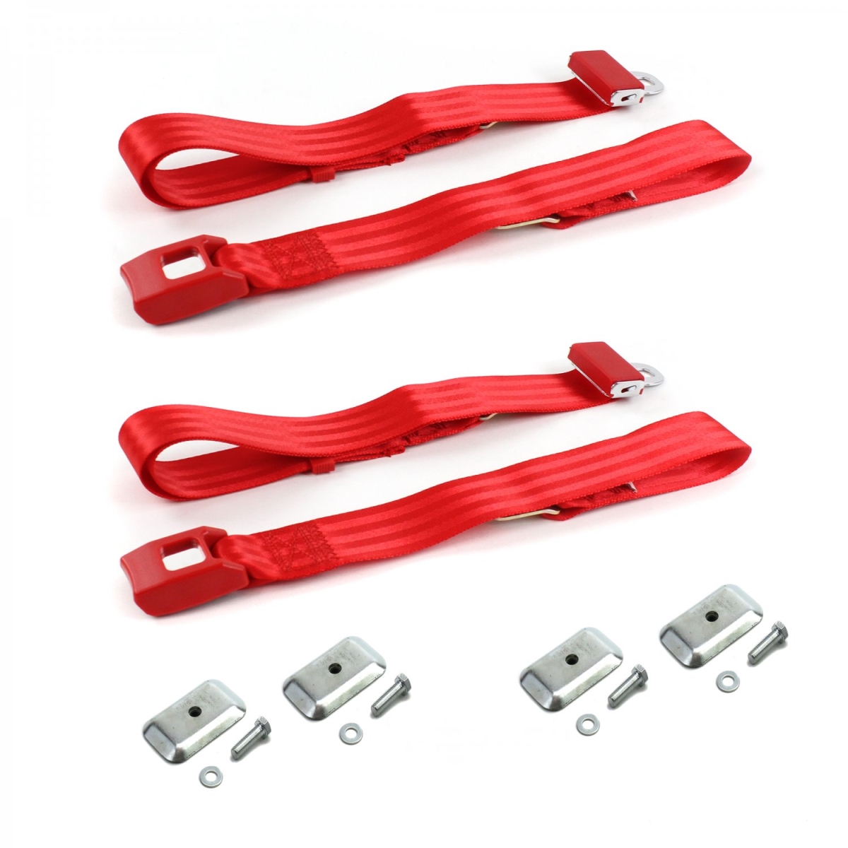 Standard 2 Point Red Lap Bucket Seat Belt Kit with Bracketry for Ford Mustang 1974-1978 - 2 Belts