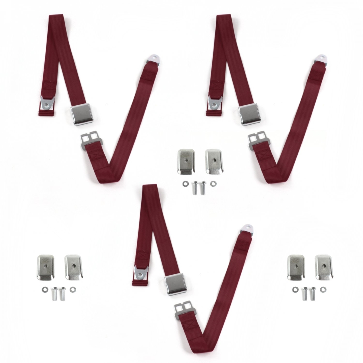 Burgandy Lap Bench Seat Belt Kit with Bracketry for 1980-1982 Ford Thunderbird Airplane 2 Point - 3 Belts