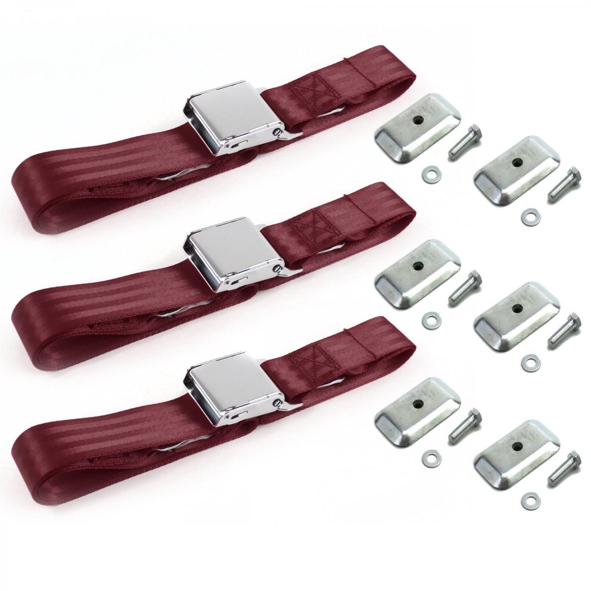 Burgandy Lap Bench Seat Belt Kit with Bracketry for 1979-1987 AMC Eagle Airplane 2 Point - 3 Belts
