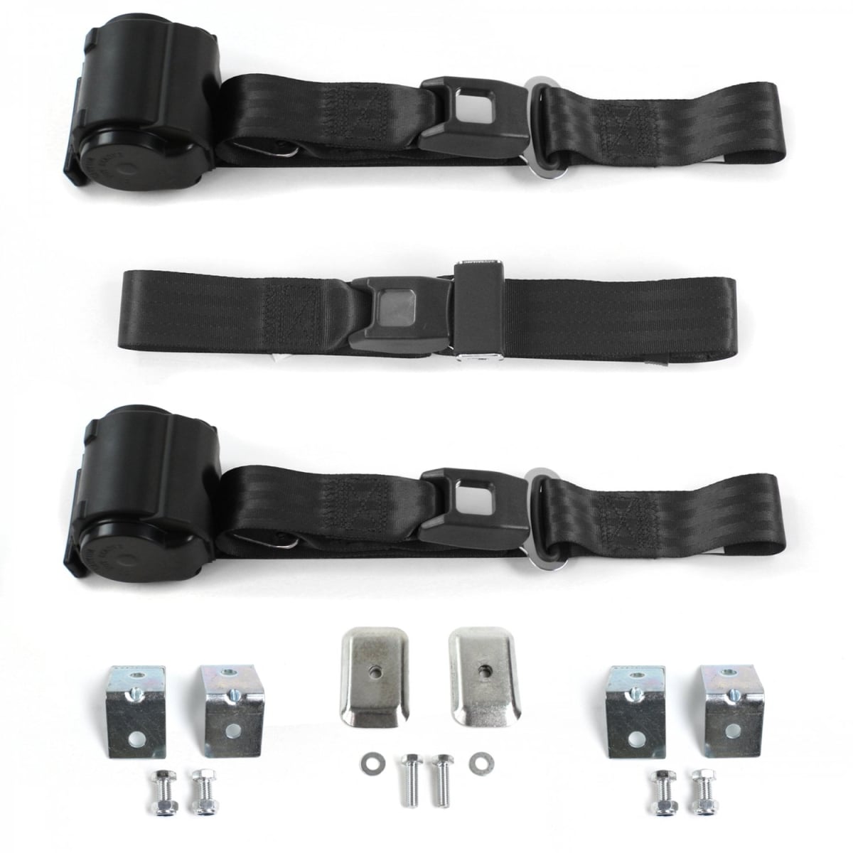 Black Retractable Bench Seat Belt Kit with Bracketry for 1975-1982 Triumph TR7, 8 Standard 2 Point - 3 Belts