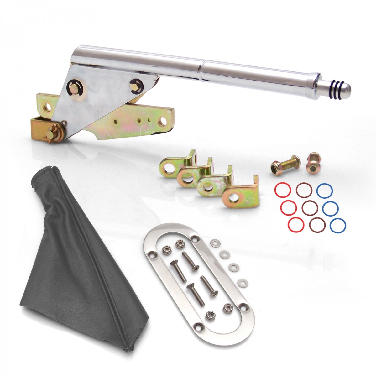 Floor Mount Emergency Parking Brake, Grey Boot & Silver Trim Ring
