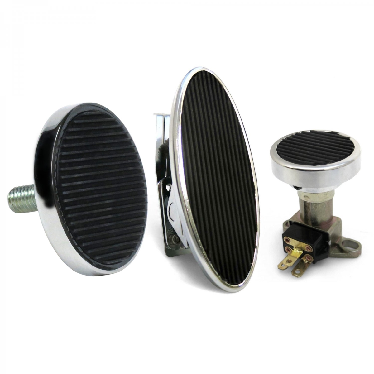 Oval Floor Mount Gas Pedal, Round Brake Pad & Dimmer Pad - Chromed Billet