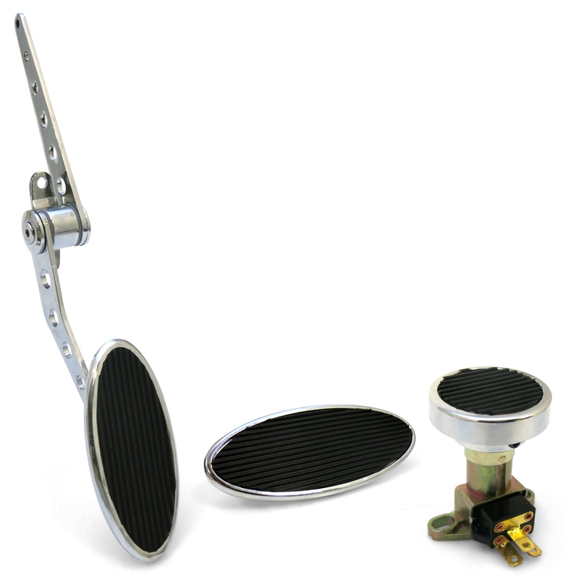 Oval Firewall Mount Gas Pedal, Small Oval Brake Pad & Dimmer - Chromed Billet