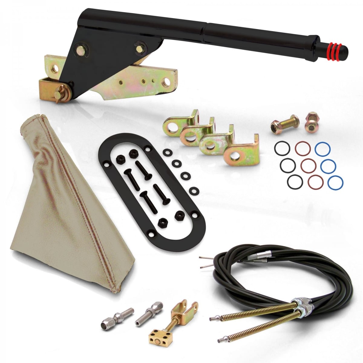 Floor Mount Emergency Parking Brake Boot Ring & Cable Kit, Black, Tan & Black