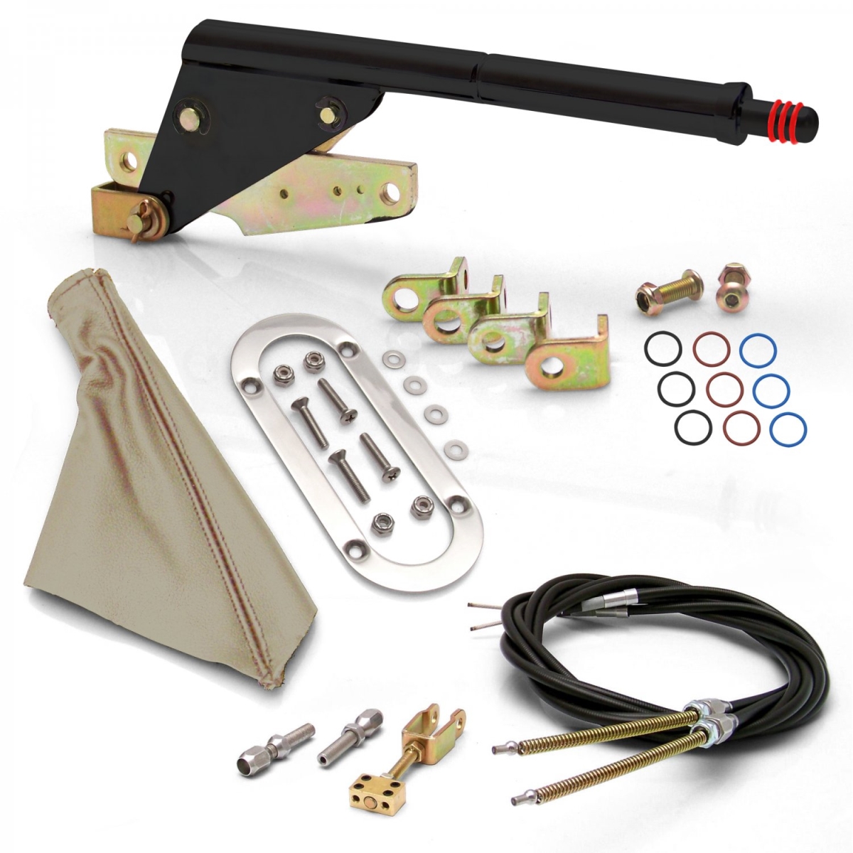 Floor Mount Emergency Parking Brake Boot Ring & Cable Kit, Black, Tan & Chrome