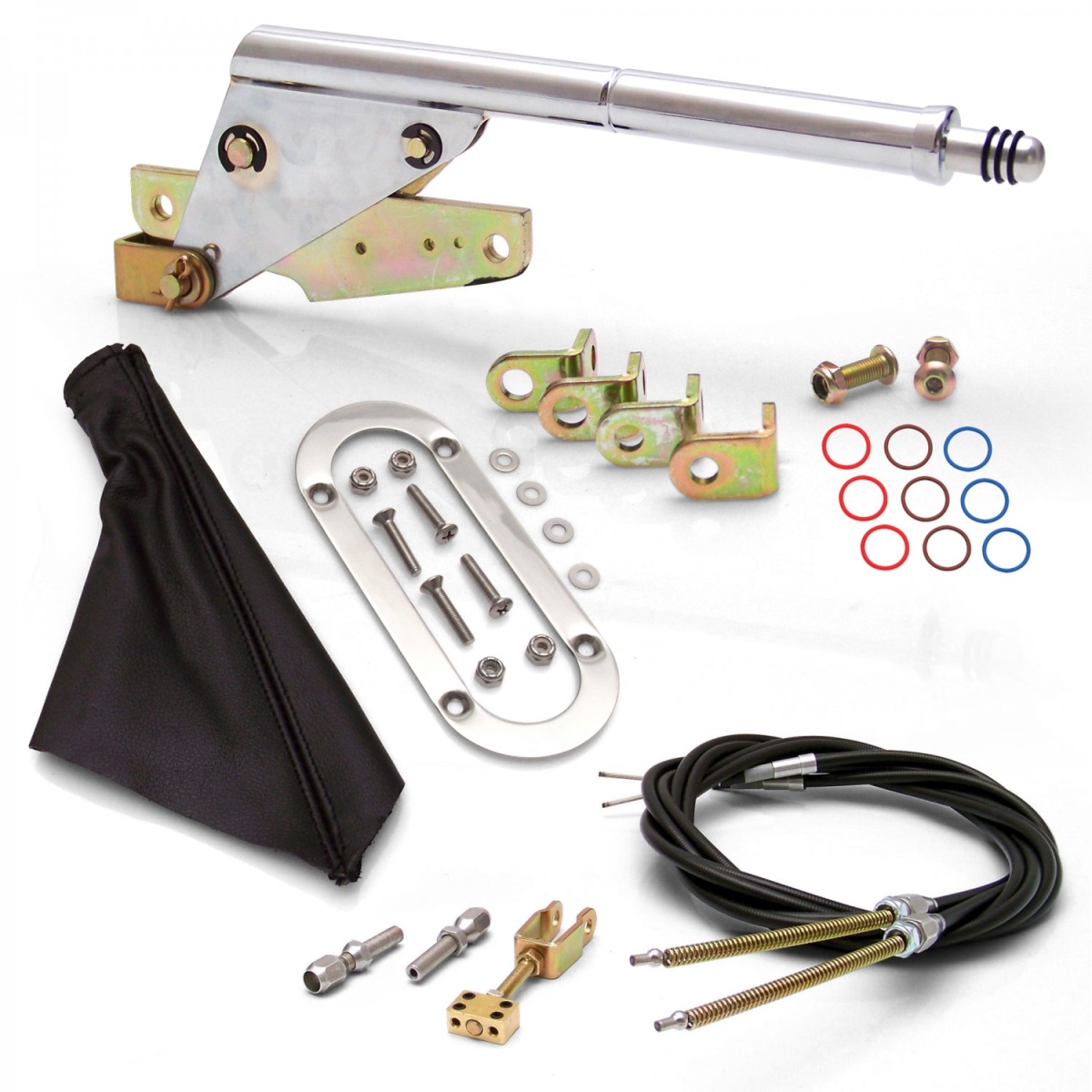 Floor Mount Emergency Parking Brake Black Boot, Chrome Ring & Cable Kit