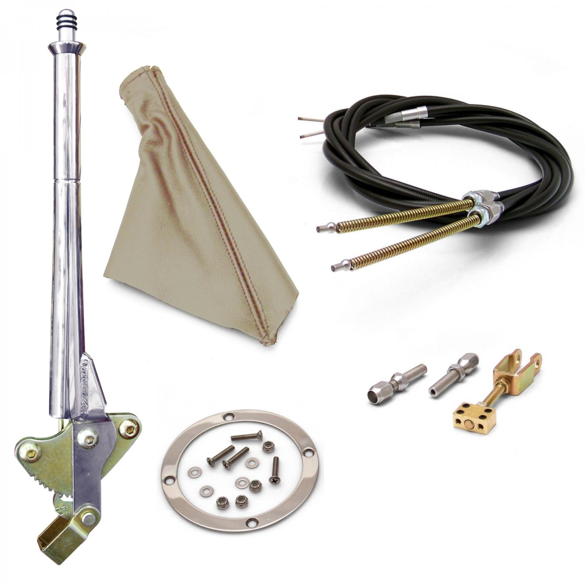 11 in. Transmision Mount Emergency Hand Brake Tan Boot, Silver Ring & Cable Kit