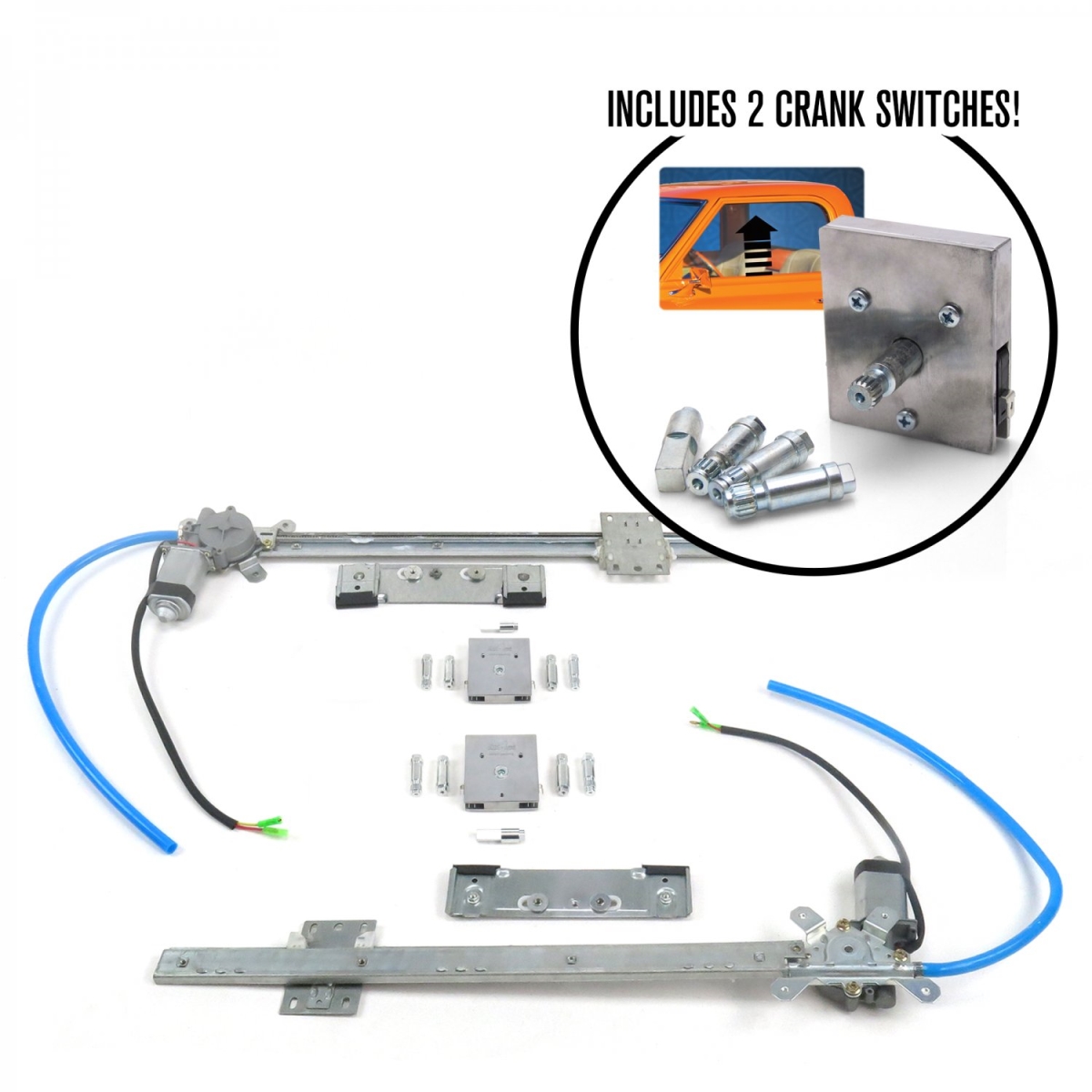 2 Door Flat Power Window Kit with Billet Power Cranks