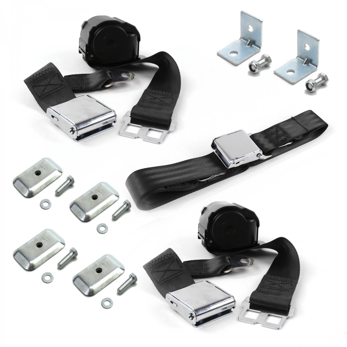 Black Retractable Bench Seat Belt Kit with Bracketry for 1979-1987 AMC Eagle Airplane 2 Point - 3 Belts