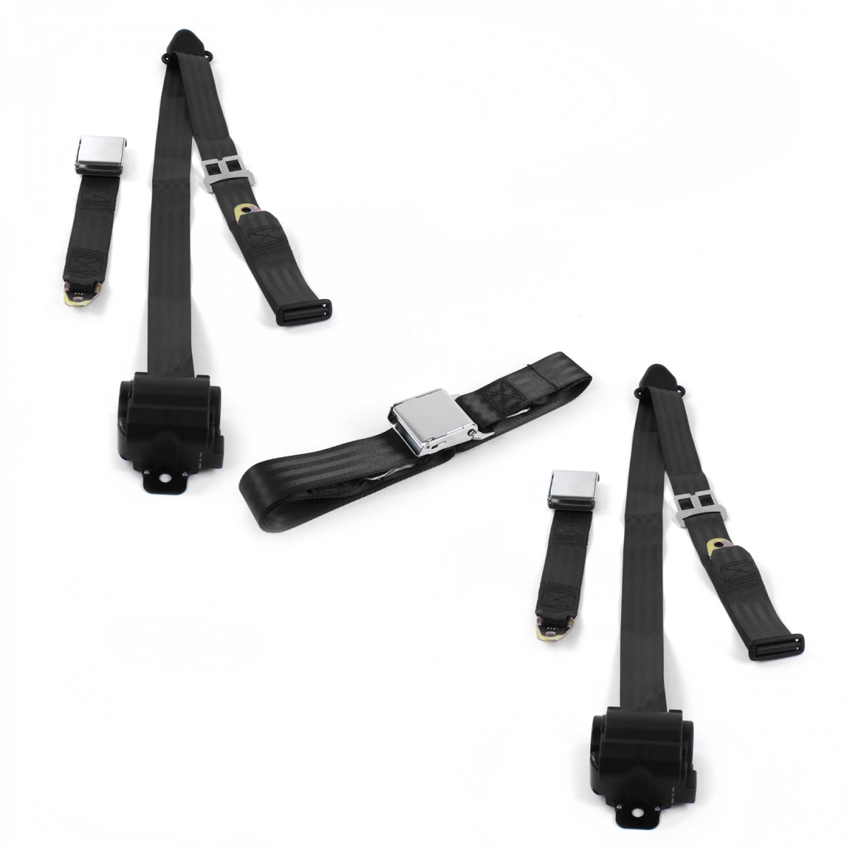 Black Retractable Bench Seat Belt Kit for VW Karmann Ghia Airplane 3 Point - 3 Belts