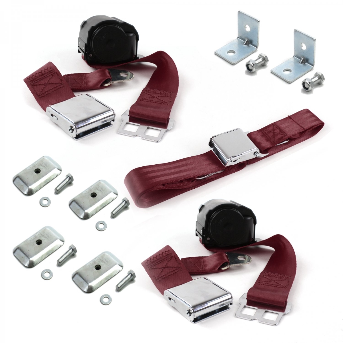 683311 Burgandy Retractable Bench Seat Belt Kit with Bracketry for 1958-1988 AMC Airplane 2 Point - 3 Belts -  safeTboy