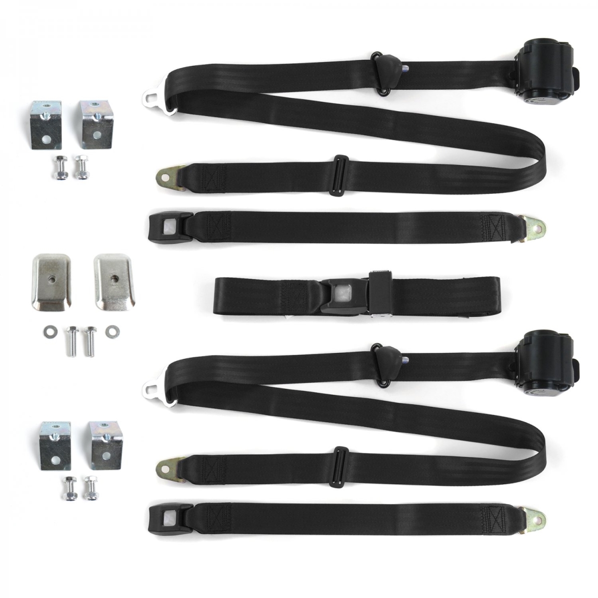 3 Point Standard Retractable Bench Seat Belt Kit with Bracketry & 3 Belts for 1971-1986 Jeep CJ & DJ, Black