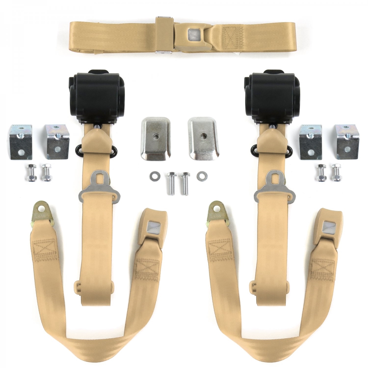 Tan Retractable Bench Seat Belt Kit with Bracketry for 1975-1991 Ford Van Standard 3 Point - 3 Belts