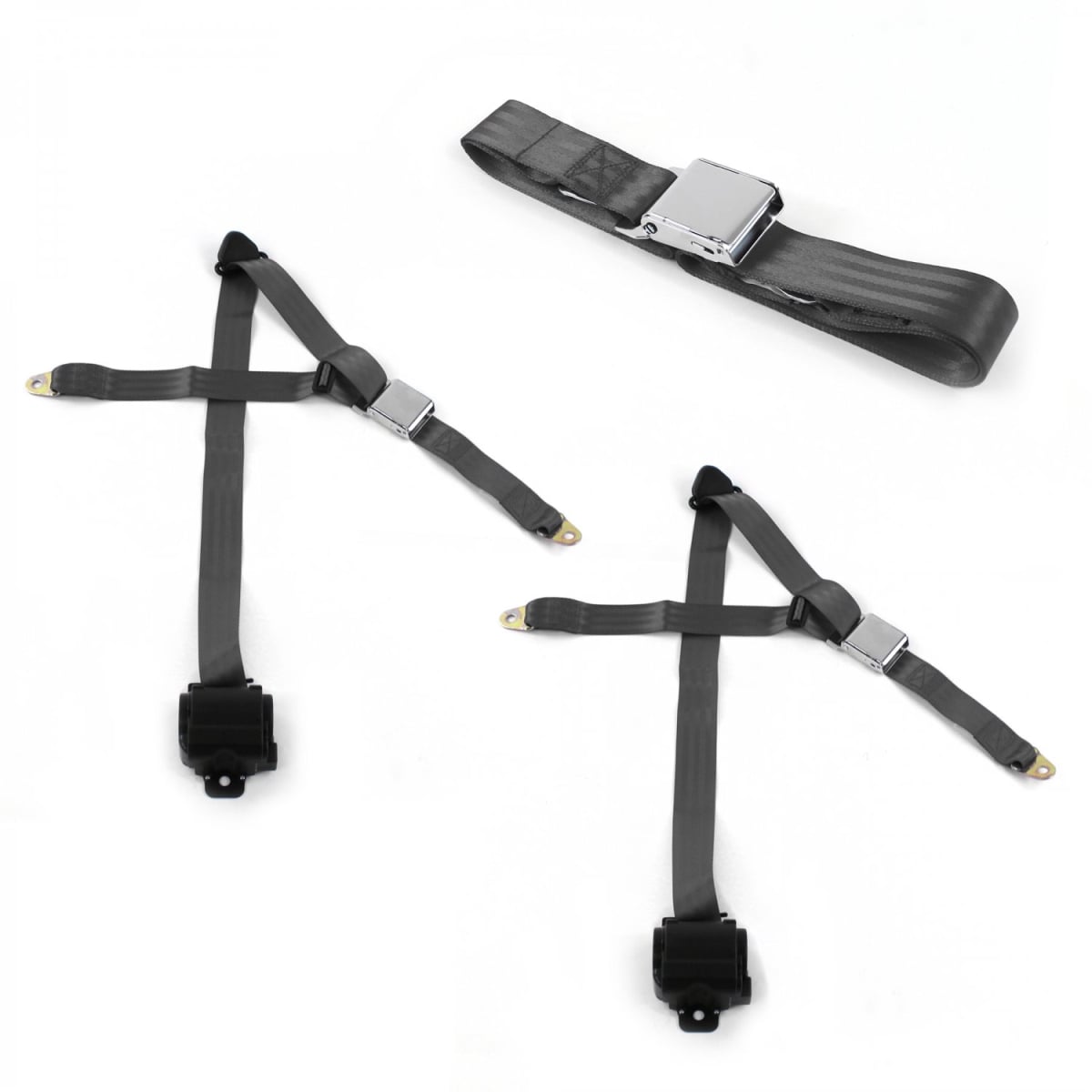3 Point Airplane Retractable Bench Seat Belt Kit with 3 Belts for 1979-1987 AMC Eagle, Charcoal