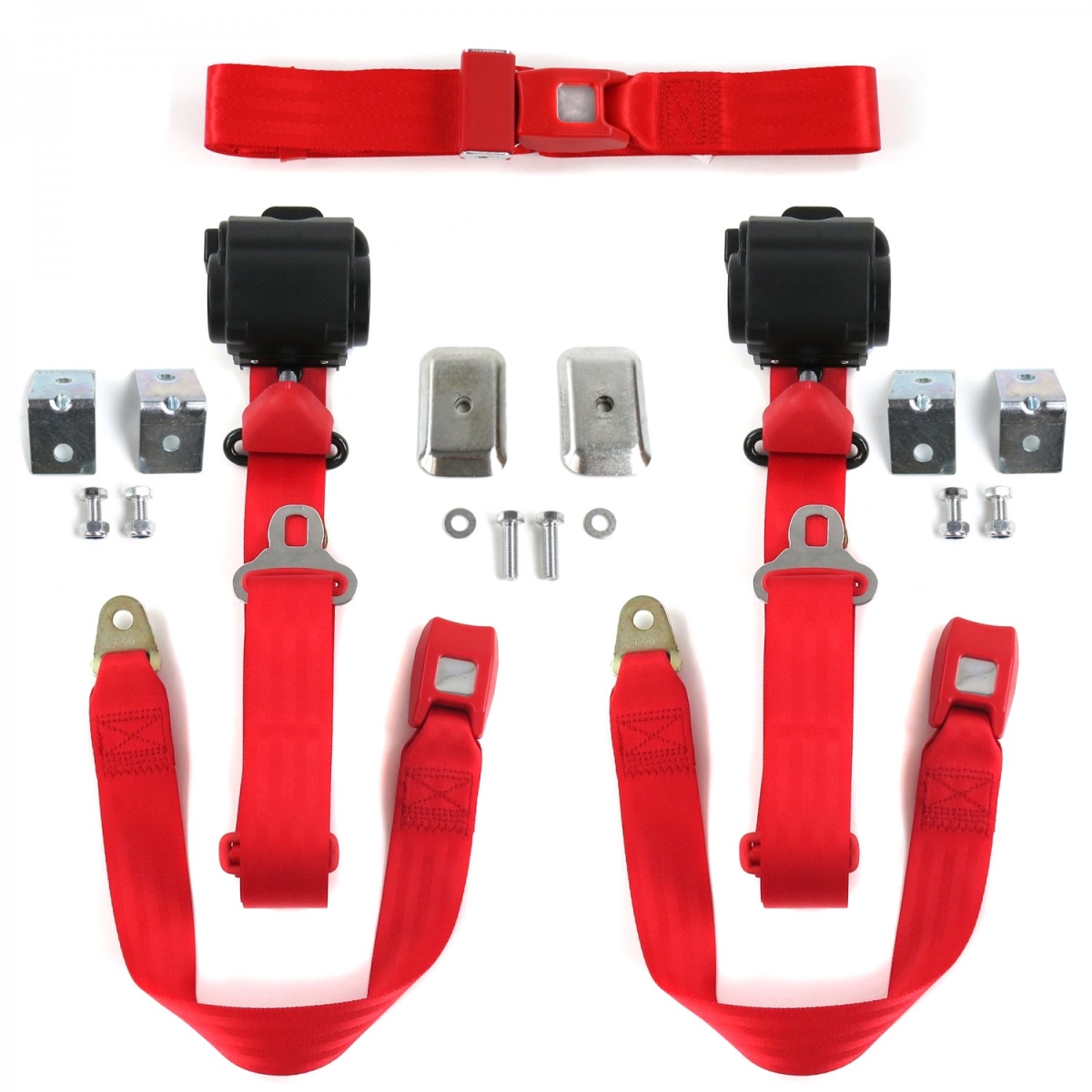 Red Retractable Bench Seat Belt Kit with Bracketry for 1960-1961 Ford Fairlane Standard 3 Point - 3 Belts