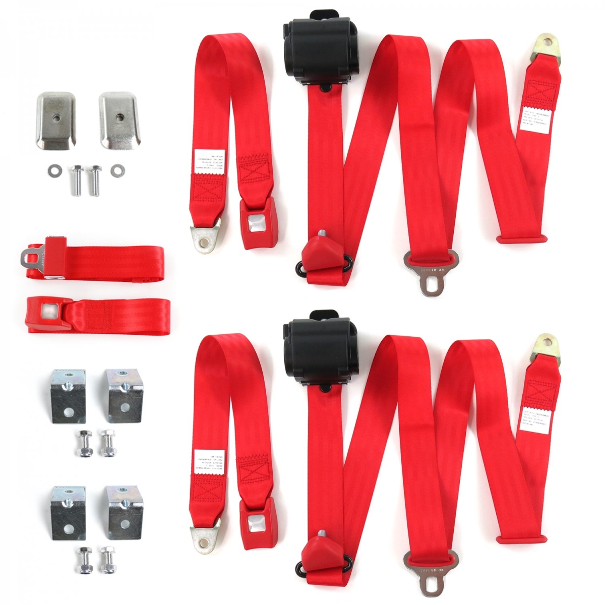 Red Retractable Bench Seat Belt Kit with Bracketry for 1966-1970 Ford Falcon Standard 3 Point - 3 Belts