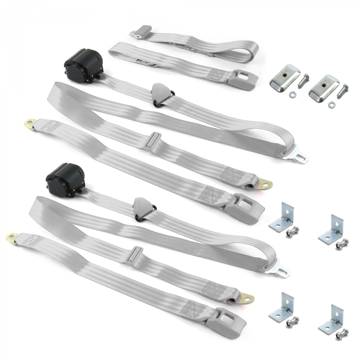 Gray & Grey Retractable Bench Seat Belt Kit with Bracketry for 1958 Chevy Impala Standard 3 Point - 3 Belts