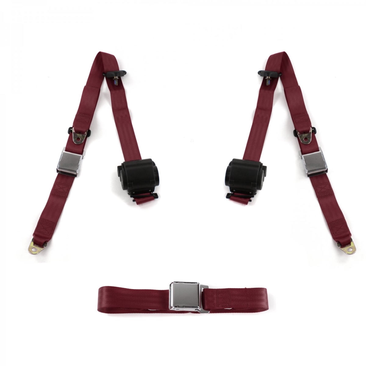Burgandy Retractable Bench Seat Belt Kit for 1965-1970 Chevy Impala Airplane 3 Point - 3 Belts