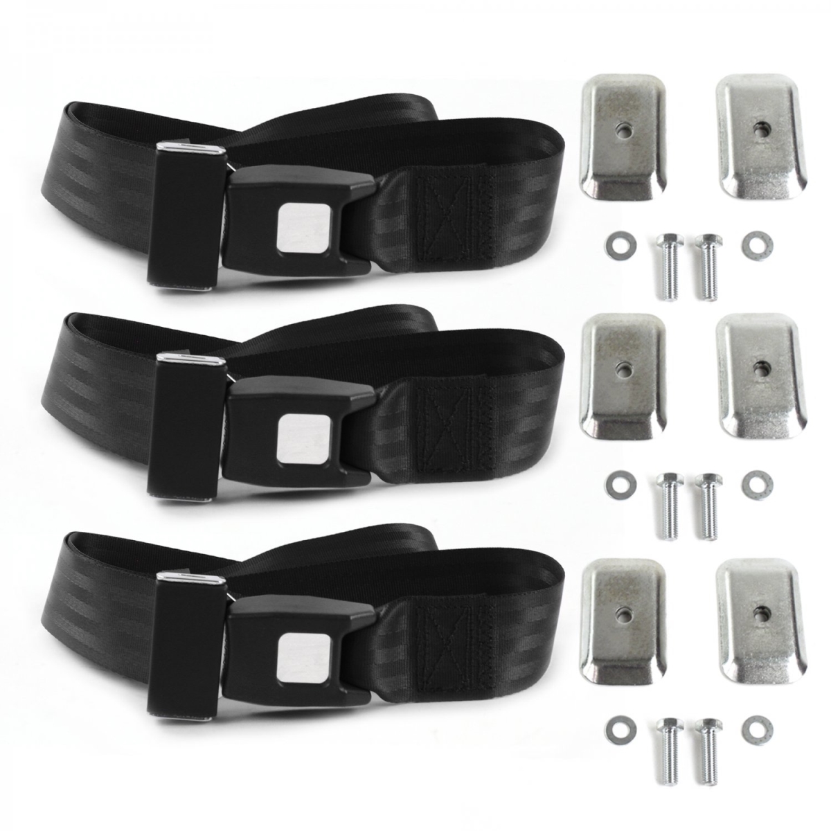 Black Lap Bench Seat Belt Kit with Bracketry for 1967-1976 Ford Thunderbird Standard 2 Point - 3 Belts