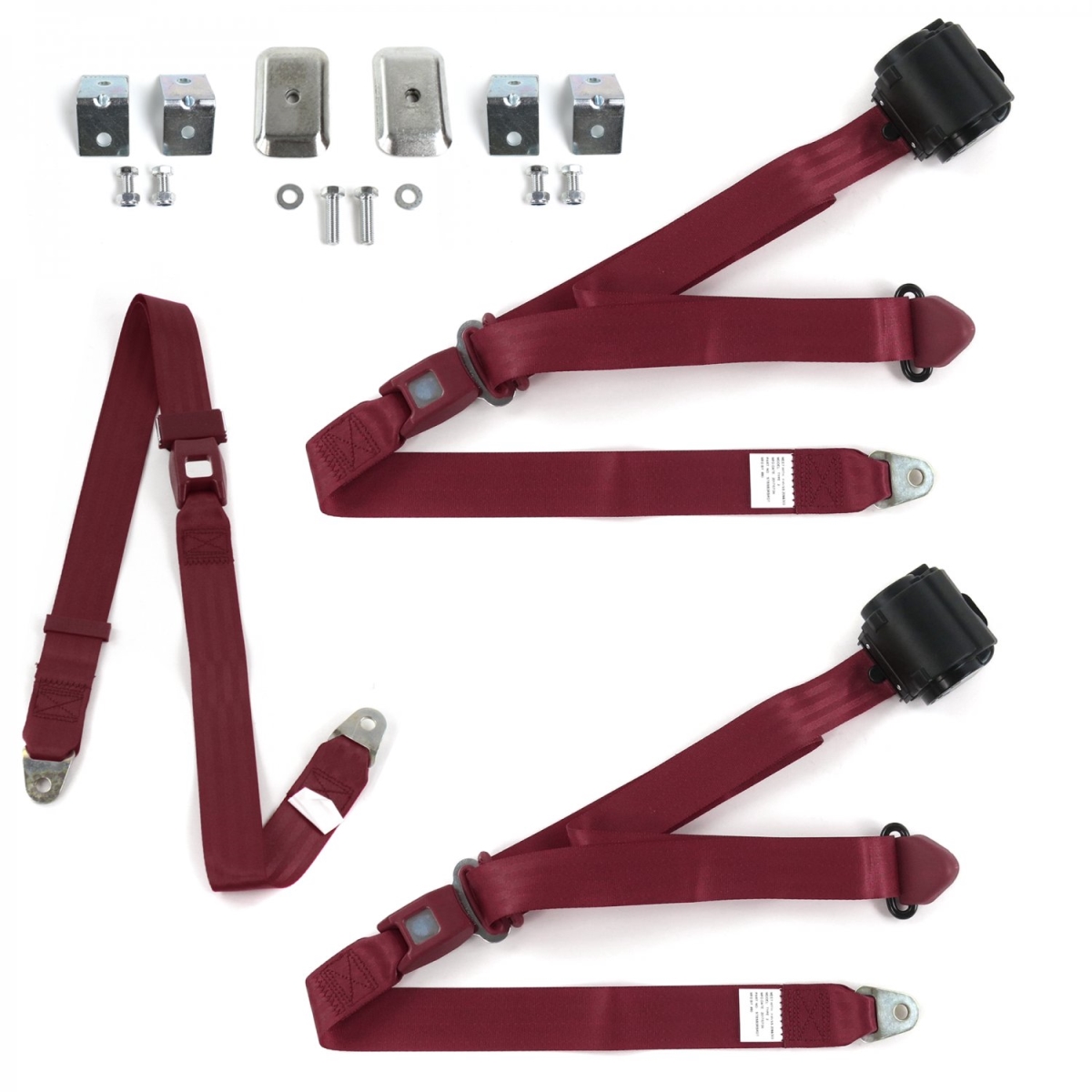 3 Point Standard Retractable Bench Seat Belt Kit with Bracketry & 3 Belts for 1941-1948 Ford, Burgundy