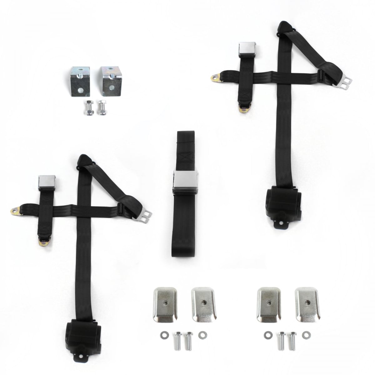 Black Retractable Bench Seat Belt Kit with Bracketry for 1974-1983 Jeep Cherokee Airplane 3 Point - 3 Belts