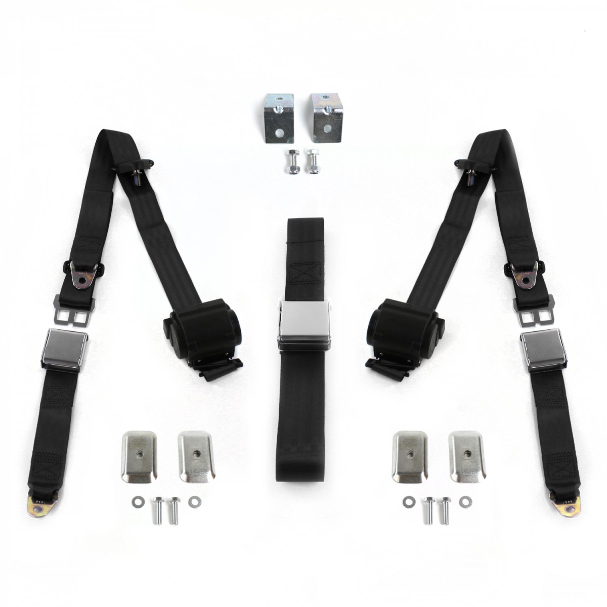 Black Retractable Bench Seat Belt Kit with Bracketry for 1979-1987 AMC Eagle Airplane 3 Point - 3 Belts