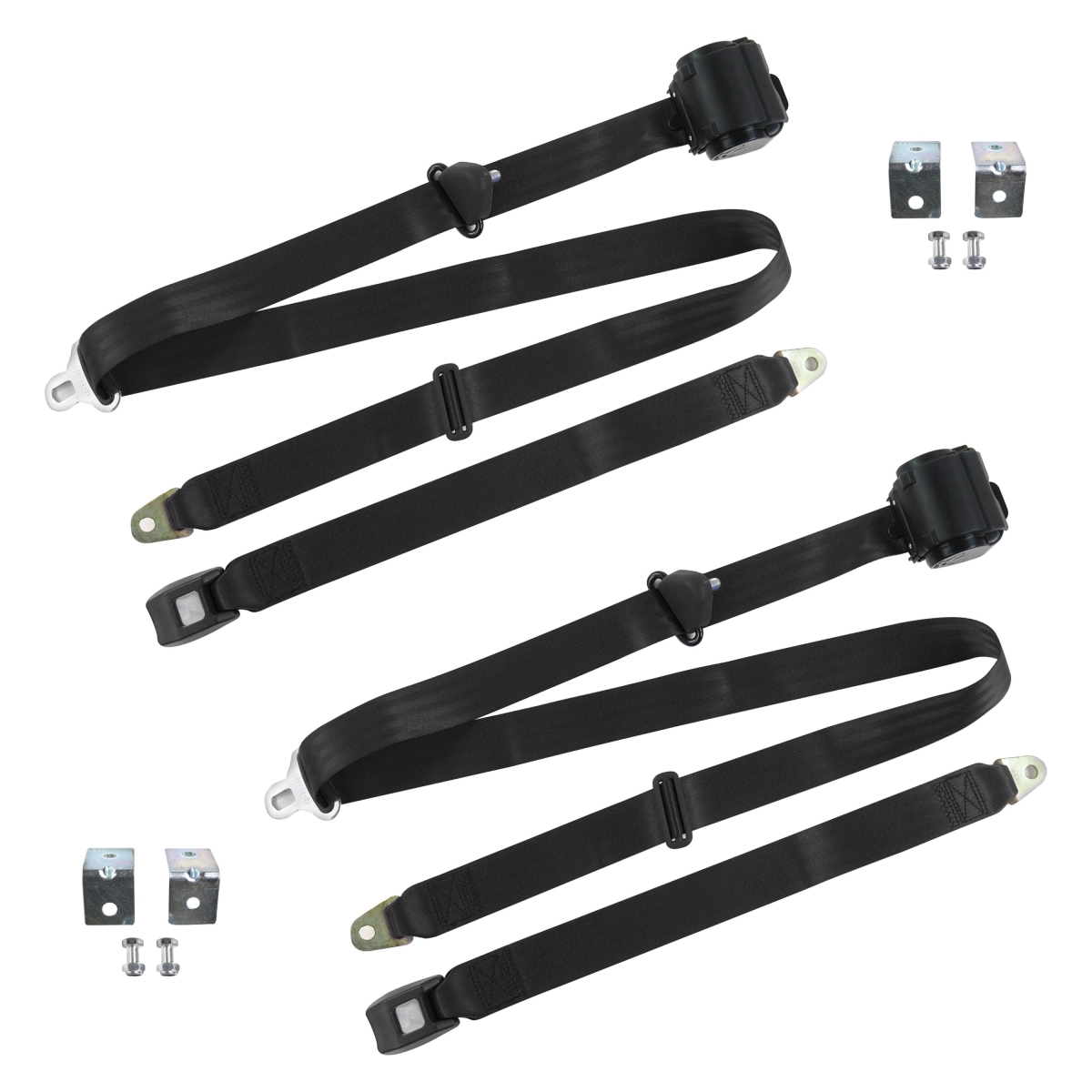 Black Retractable Bucket Seat Belt Kit with Bracketry for 1947-1952 VW Type 1 Split Standard 3 Point - 2 Belts