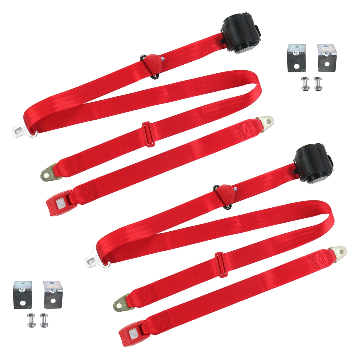 Red Retractable Bucket Seat Belt Kit with Bracketry for 1932 Model B Ford Standard 3 Point - 2 Belts