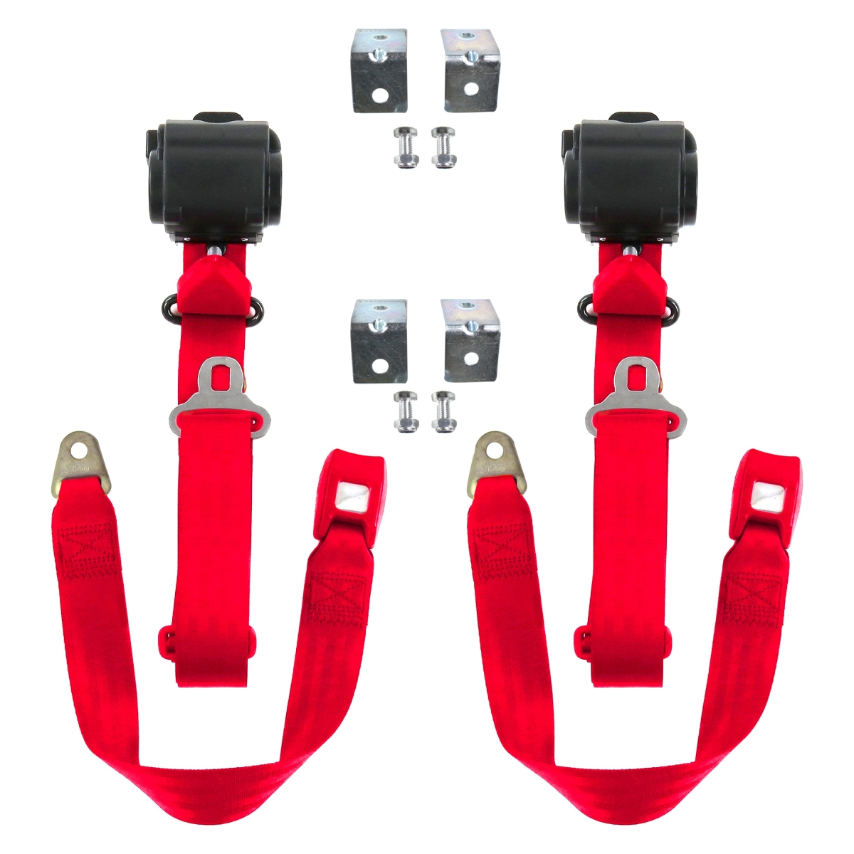 Red Retractable Bucket Seat Belt Kit with Bracketry for 1947-1952 VW Type 1 Split Standard 3 Point - 2 Belts
