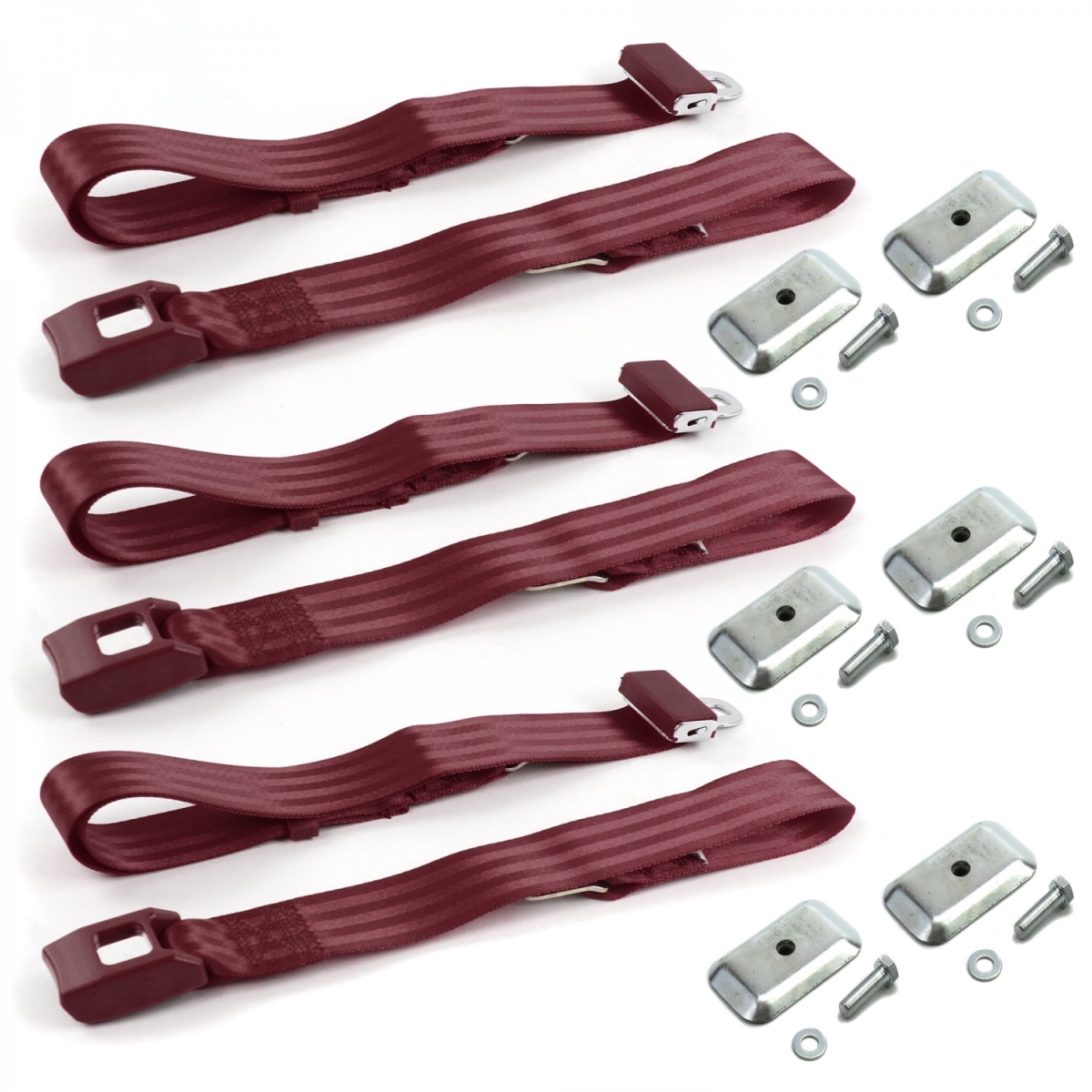 Burgandy Lap Bench Seat Belt Kit with Bracketry for 1958 Chevy Impala Standard 2 Point - 3 Belts