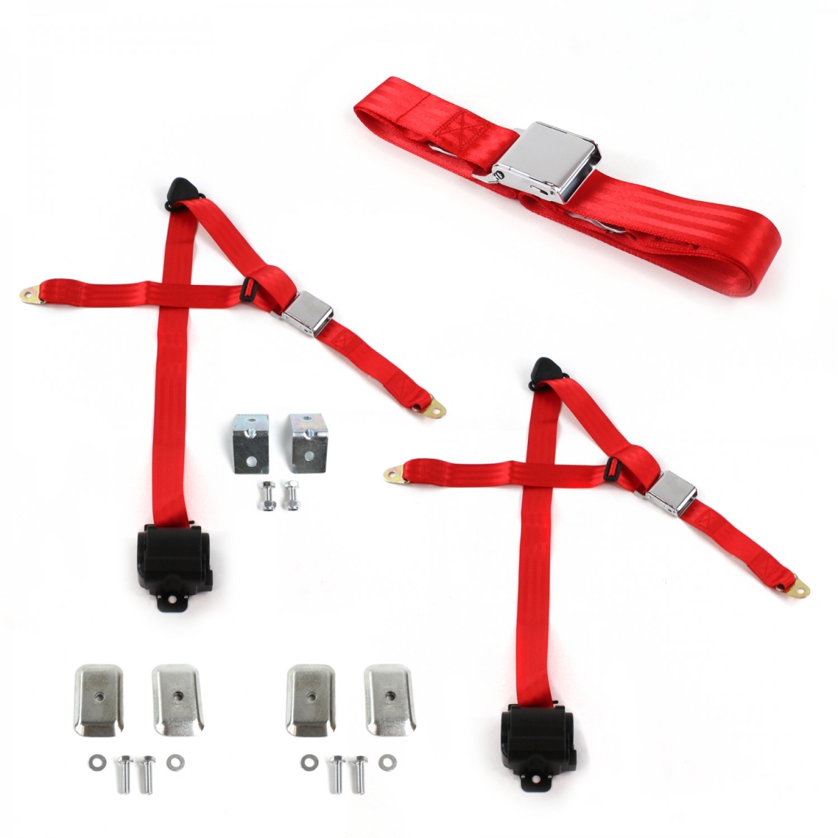 Red Retractable Bench Seat Belt Kit with Bracketry for 1965-1970 Chevy Impala Airplane 3 Point - 3 Belts