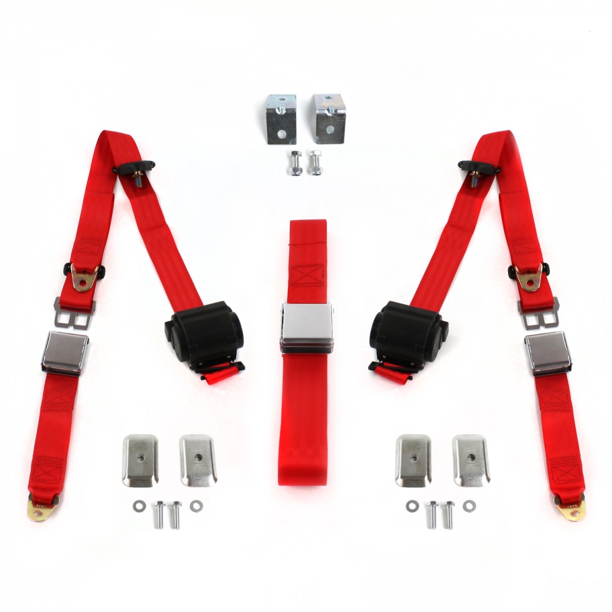 Red Retractable Bench Seat Belt Kit with Bracketry for 1975-1979 Chevy Nova Airplane 3 Point - 3 Belts