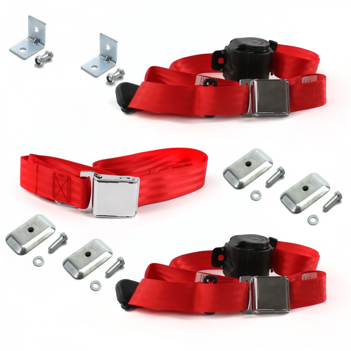 Red Retractable Bench Seat Belt Kit with Bracketry for 1949-1951 Ford Airplane 3 Point - 3 Belts