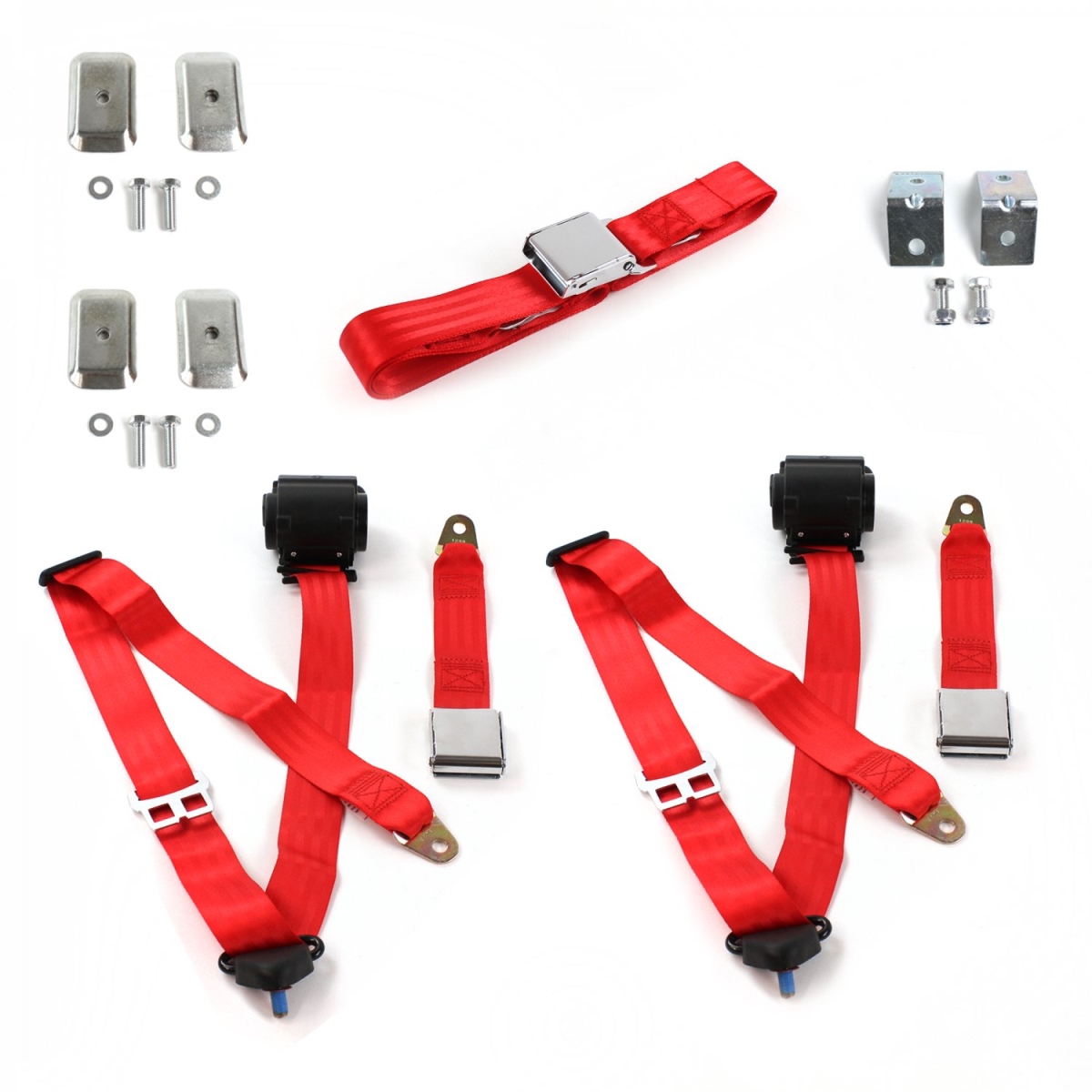 Red Retractable Bench Seat Belt Kit with Bracketry for 1985-1992 Jeep Comanche Airplane 3 Point - 3 Belts