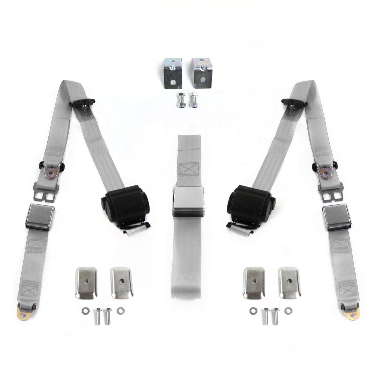 Gray & Grey Retractable Bench Seat Belt Kit with Bracketry for 1957-1960 Ford Truck Airplane 3 Point - 3 Belts