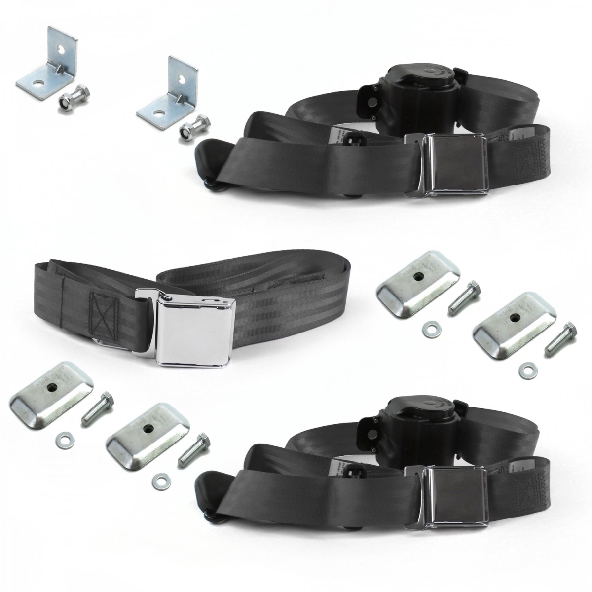 3 Point Airplane Retractable Bench Seat Belt Kit with Bracketry & 3 Belts for 1979-1993 Ford Mustang, Charcoal