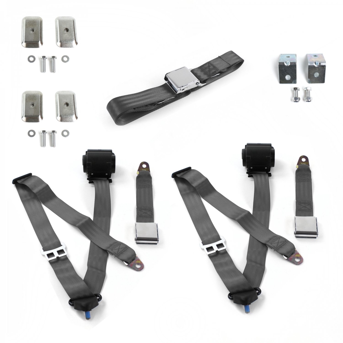 3 Point Airplane Retractable Bench Seat Belt Kit with Bracketry & 3 Belts for 1946-1968 Ford Anglia, Charcoal