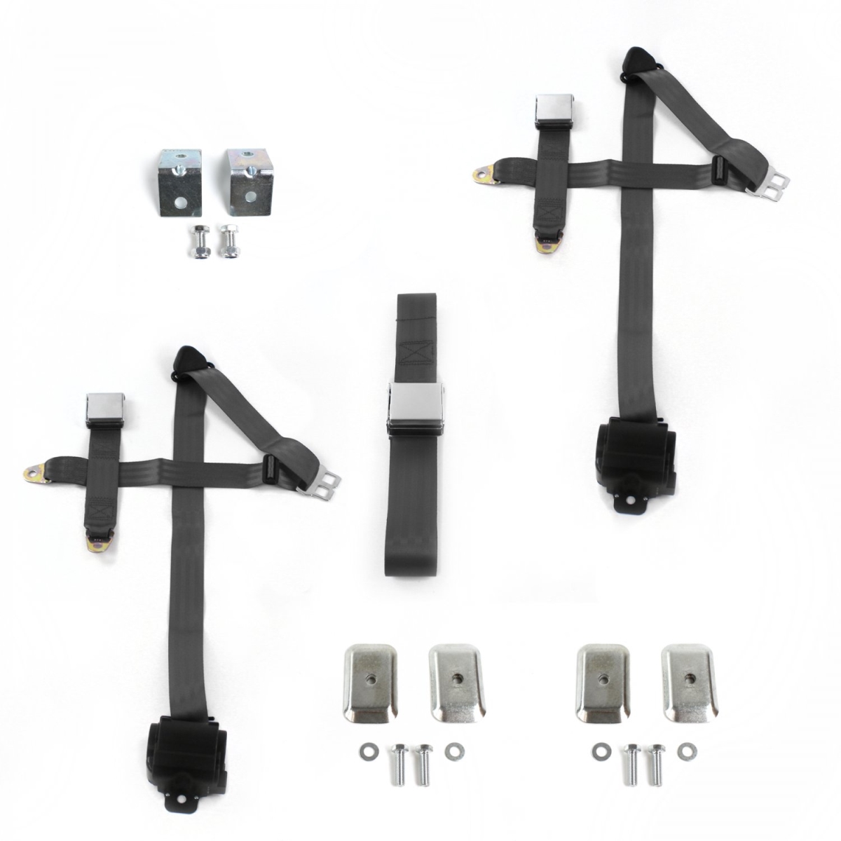 3 Point Airplane Retractable Bench Seat Belt Kit with Bracketry & 3 Belts for 1987-1996 Jeep Wrangler, Charcoal