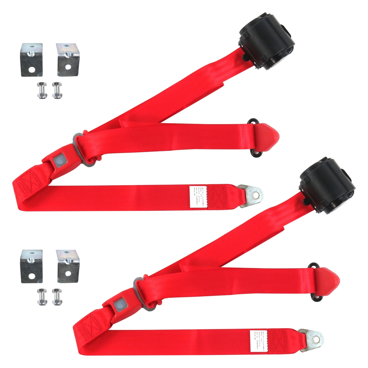 Red Retractable Bucket Seat Belt Kit with Bracketry for 1955-1956 Ford Standard 3 Point - 2 Belts