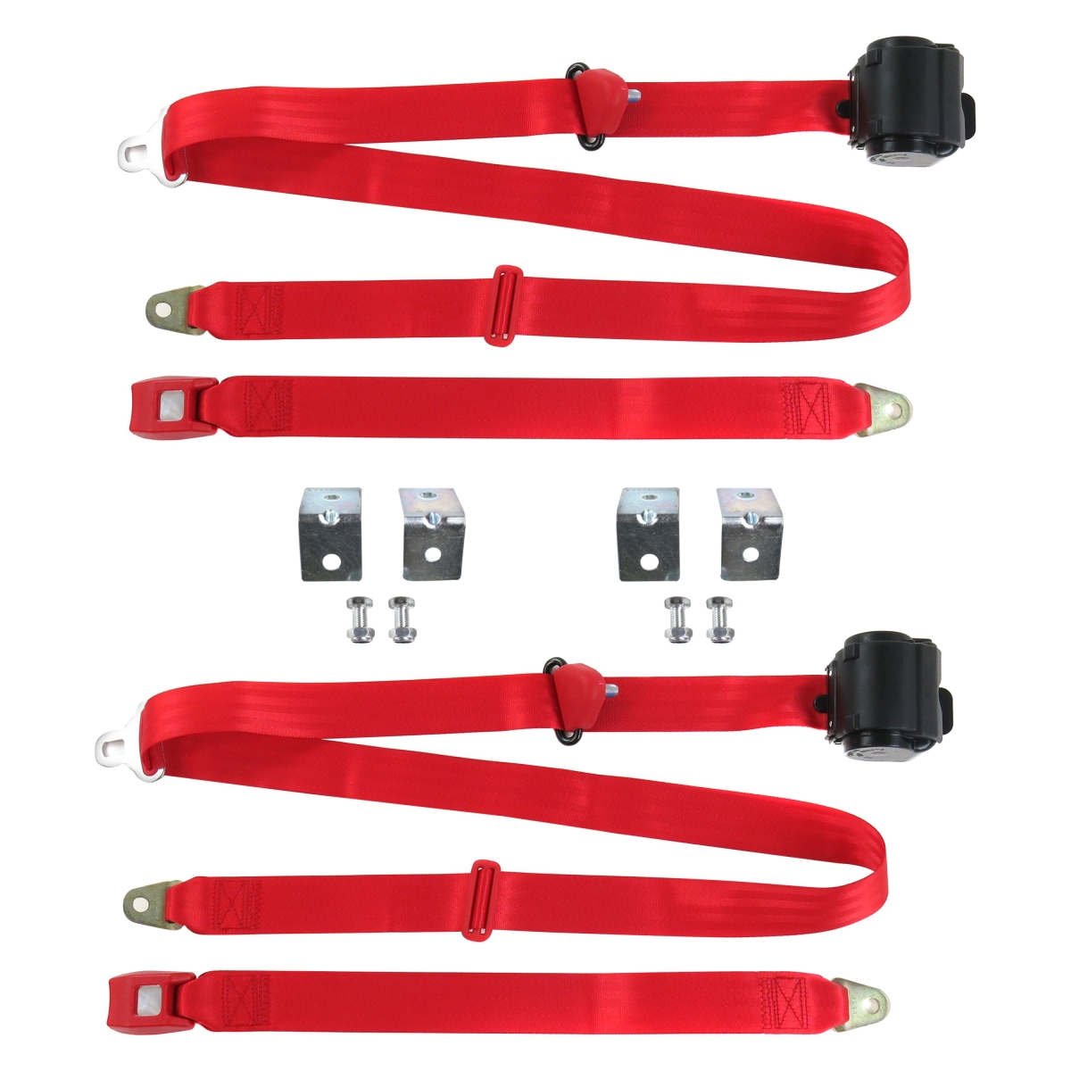 Red Retractable Bucket Seat Belt Kit with Bracketry for 1979-1987 AMC Eagle Standard 3 Point - 2 Belts