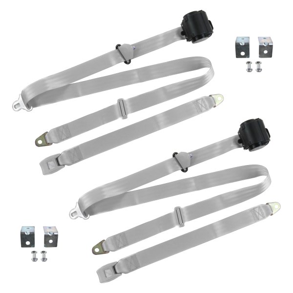 3 Point Standard Retractable Bucket Seat Belt Kit with Bracketry & 2 Belts for 1966-1973 Jeep Jeepster, Gray
